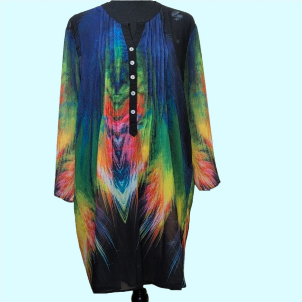 Serengeti sheer, long sleeved, multi color dress. Size XL.